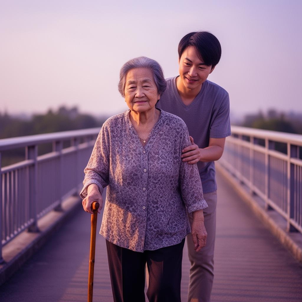 An elderly woman supported on a walk
